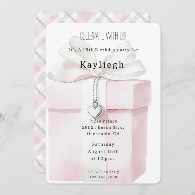 Blush Pink Bow Gift Heart Charm Birthday   Invitation (Front/Back)