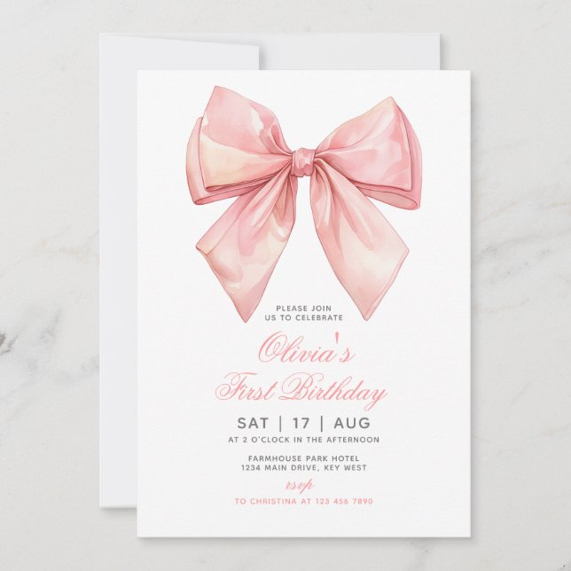 Blush Pink Bow Girl First Birthday Invitation (Front)