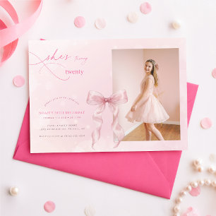 Blush Pink Bow Girl Photo 20th Birthday Party Invitation