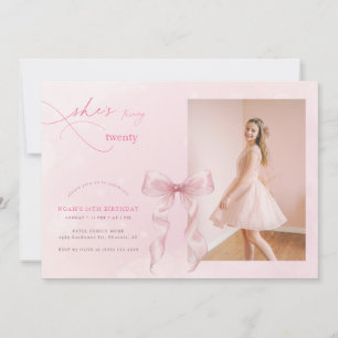 Blush Pink Bow Girl Photo 20th Birthday Party Invitation