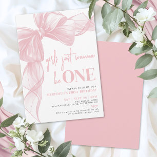 Blush Pink Bow Girls Just Wanna Be ONE Birthday Invitation