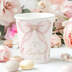 Blush Pink Bow Gold Cross Baptism Paper Cups
