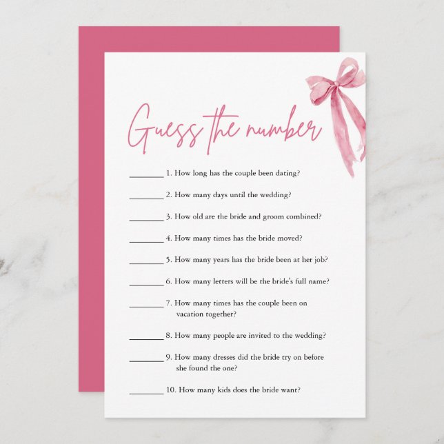 Blush Pink Bow Guess the Number Bridal Shower Game Invitation (Front/Back)