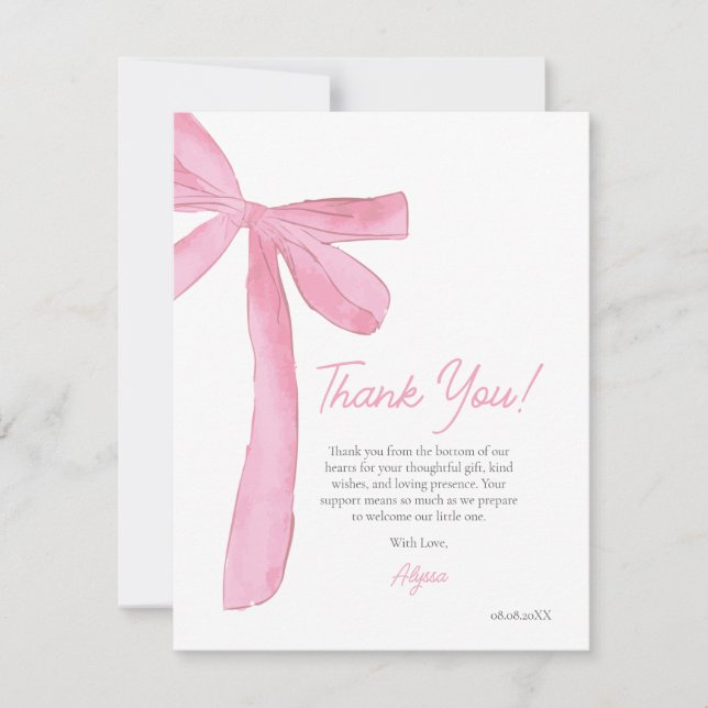 Blush Pink Bow Hand drawn Coquette baby shower  Thank You Card (Front)