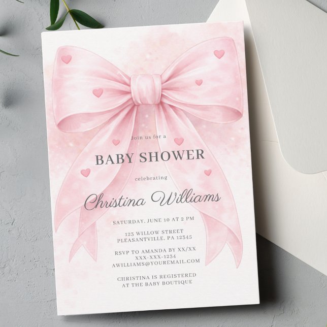 Blush Pink Bow Hearts Baby Shower Invitation 🎀💕 (Creator Uploaded)