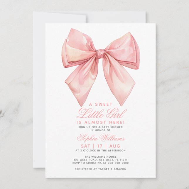Blush Pink Bow Little Girl Baby Shower Invitation (Front)