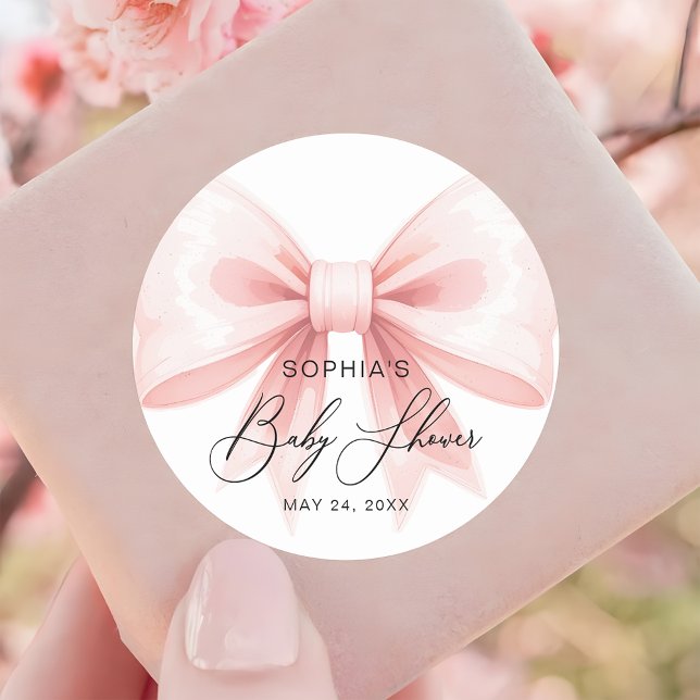 Blush Pink Bow Modern Baby Shower Favour Classic Round Sticker (Creator Uploaded)