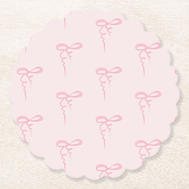 Blush pink bow pattern minimalist girl baby shower paper coaster (Front)