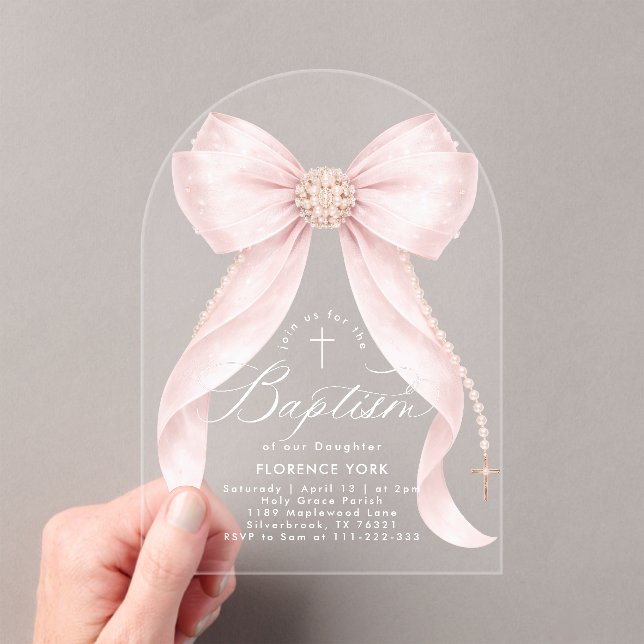 Blush Pink Bow Pearls Baby Girl Baptism Religious Acrylic Invitations (Insitu (Handheld))