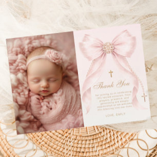 Blush Pink Bow Photo Baptism Thank you Card