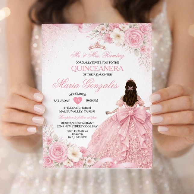Blush Pink Bow Princess Floral Girl Quinceañera Invitation (Creator Uploaded)
