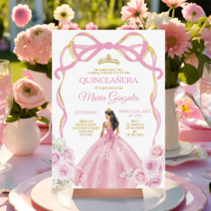Blush Pink Bow Princess Gold Crown Quinceañera Invitation