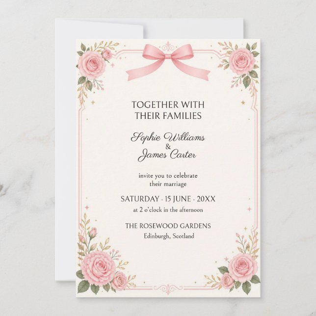 Blush Pink Bow Rose Wedding Invitation (Front)