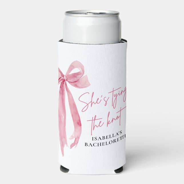 Blush Pink Bow She's Tying the Knot Bachelorette Seltzer Can Cooler (Seltzer Front)