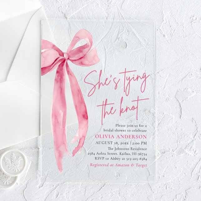 Blush Pink Bow She's Tying the Knot Bridal Shower Acrylic Invitations (Creator Uploaded)