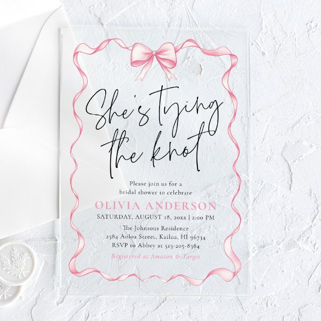 Blush Pink Bow She's Tying the Knot Bridal Shower Acrylic Invitations (Creator Uploaded)