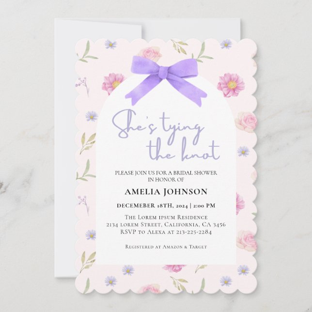 Blush Pink Bow She's Tying the Knot Bridal Shower  Invitation (Front)