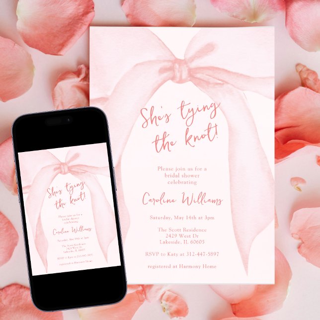 Blush Pink Bow She's Tying the Knot Bridal Shower  Invitation (Creator Uploaded)