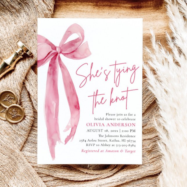 Blush Pink Bow She's Tying the Knot Bridal Shower Invitation (Watercolor Blush Pink Bow Coquette She's Tying the Knot Bridal Shower Invitation)