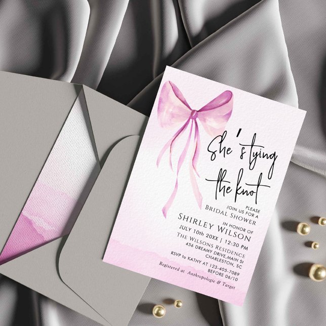 Blush Pink Bow She's Tying the Knot Bridal Shower Invitation (Creator Uploaded)