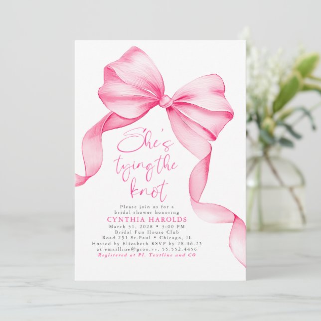 Blush Pink Bow She's Tying the Knot Bridal Shower Invitation (Standing Front)