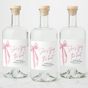 Blush Pink Bow She's Tying the Knot Bridal Shower Liquor Bottle Label