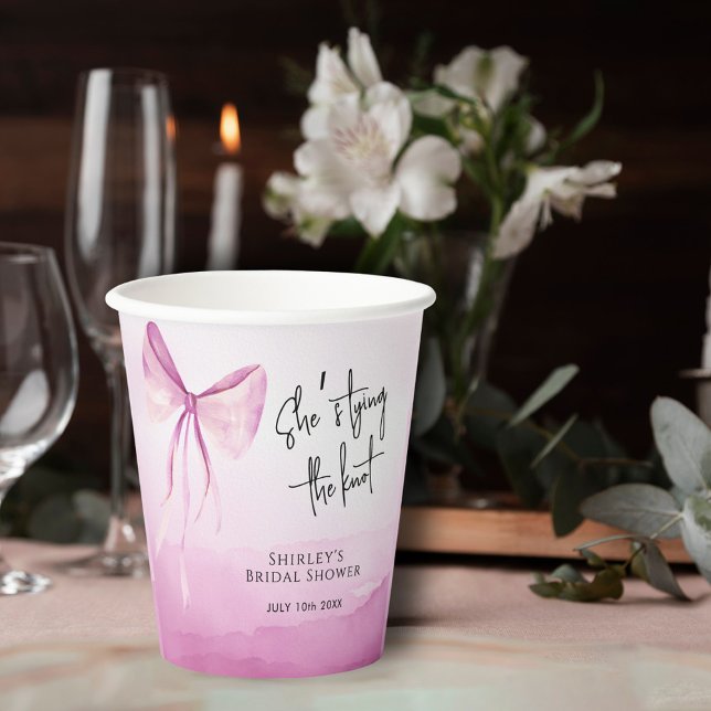 Blush Pink Bow She's Tying the Knot Bridal Shower Paper Cups (Creator Uploaded)