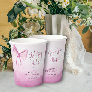 Blush Pink Bow She's Tying the Knot Bridal Shower Paper Cups