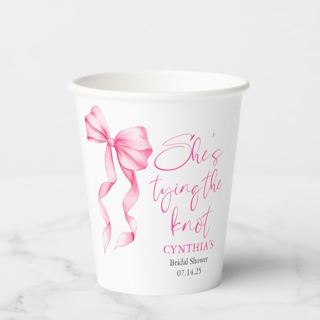 Blush Pink Bow She's Tying the Knot Bridal Shower Paper Cups (Front)