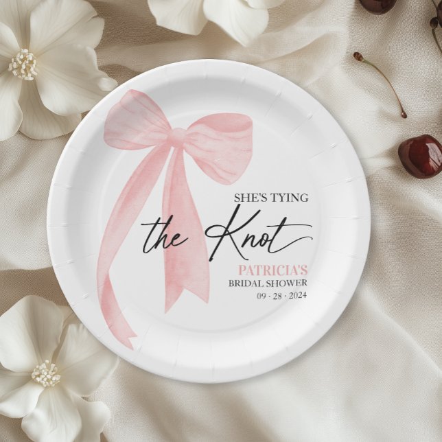 Blush Pink Bow She's Tying the Knot Bridal Shower Paper Plate (Creator Uploaded)