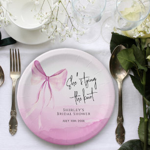 Blush Pink Bow She's Tying the Knot Bridal Shower Paper Plate