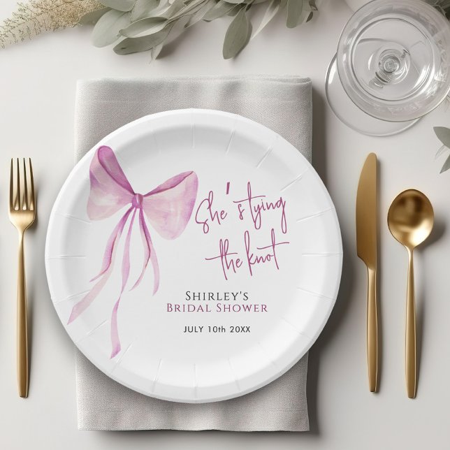 Blush Pink Bow She's Tying the Knot Bridal Shower Paper Plate (Creator Uploaded)