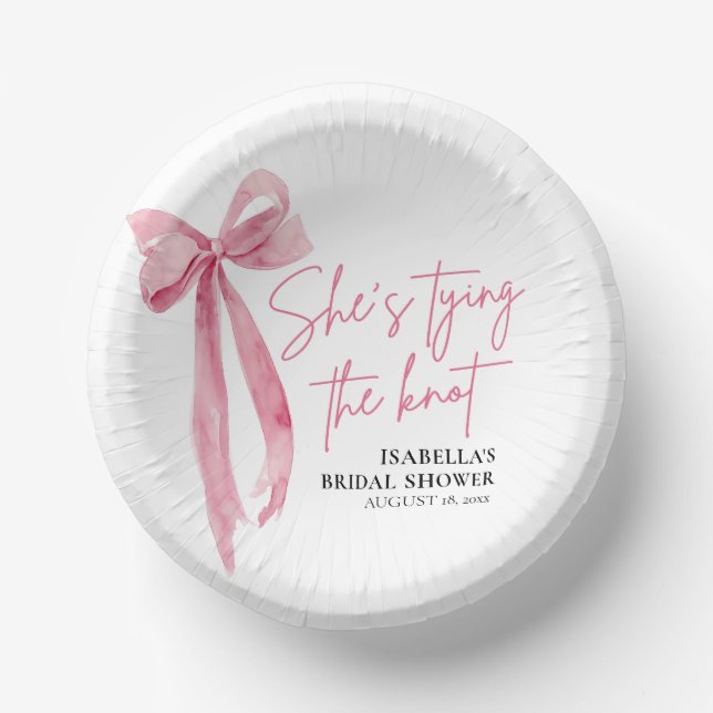 Blush Pink Bow She's Tying the Knot Bridal Shower Paper Plate (Front)