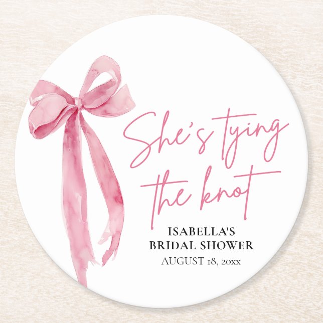 Blush Pink Bow She's Tying the Knot Bridal Shower Round Paper Coaster (Front)