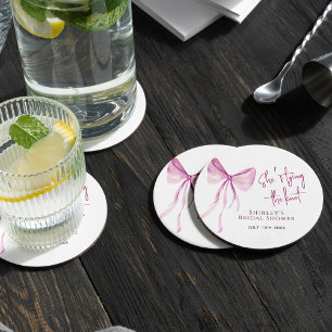 Blush Pink Bow She's Tying the Knot Bridal Shower Round Paper Coaster