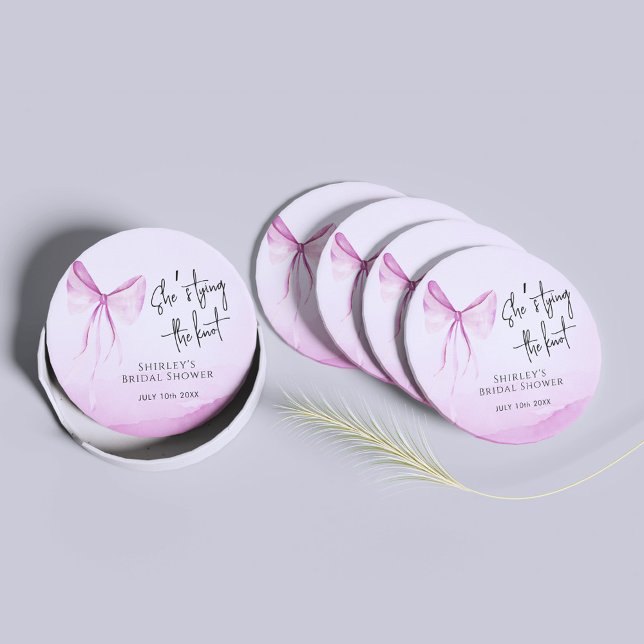 Blush Pink Bow She's Tying the Knot Bridal Shower Round Paper Coaster (Creator Uploaded)