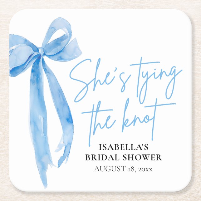 Blush Pink Bow She's Tying the Knot Bridal Shower Square Paper Coaster (Front)