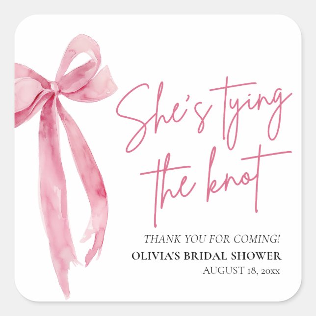 Blush Pink Bow She's Tying the Knot Bridal Shower Square Sticker (Front)