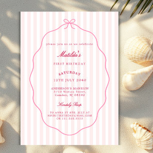 Blush Pink Bow Stripes Classic Girly Any Birthday  Invitation