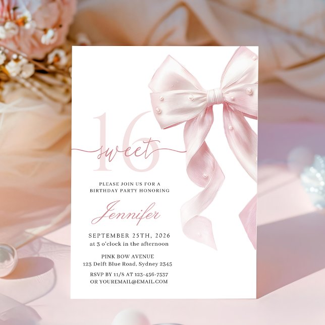 Blush Pink Bow Sweet 16 Birthday Invitation (Creator Uploaded)