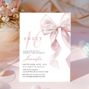 Blush Pink Bow Sweet 16 Birthday Invitation