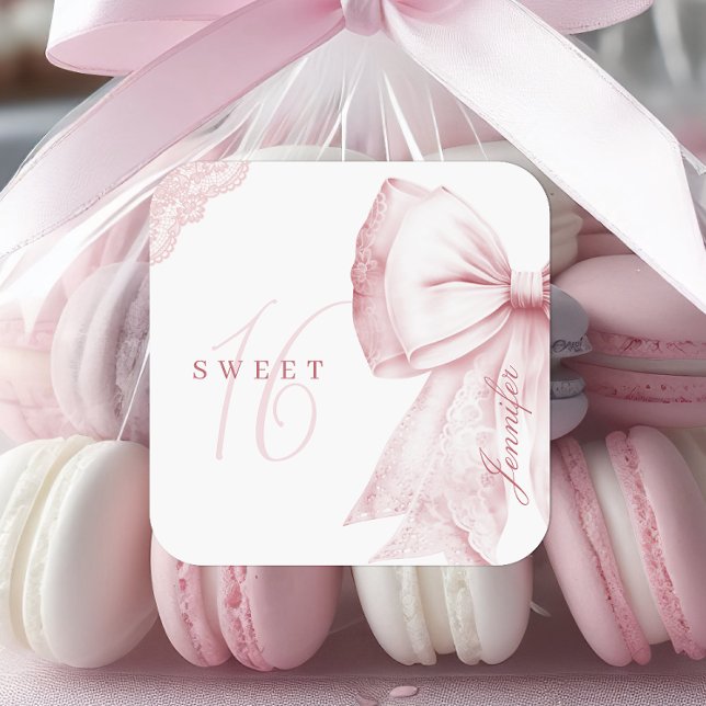 Blush Pink Bow Sweet 16 Birthday Square Sticker (Creator Uploaded)