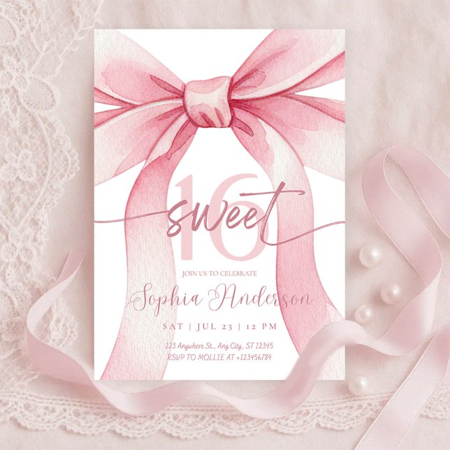 Blush Pink Bow Sweet 16 Invitation (Creator Uploaded)