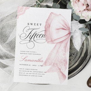 Blush Pink Bow Sweet Fifteen Birthday Invitation