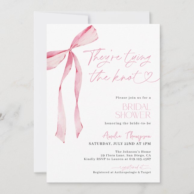 Blush Pink Bow Theyre Tying the Knot Bridal Shower Invitation (Front)