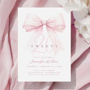 Blush Pink Bow Twenty Birthday Invitation