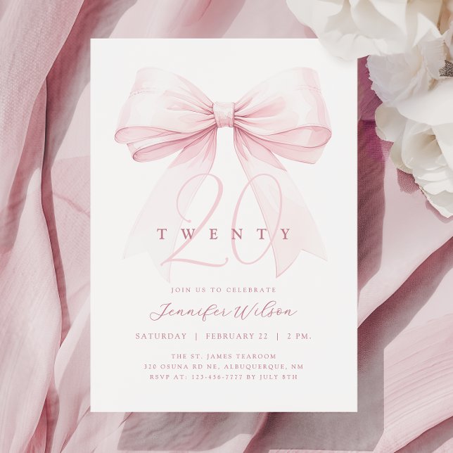 Blush Pink Bow Twenty Birthday Invitation (Creator Uploaded)