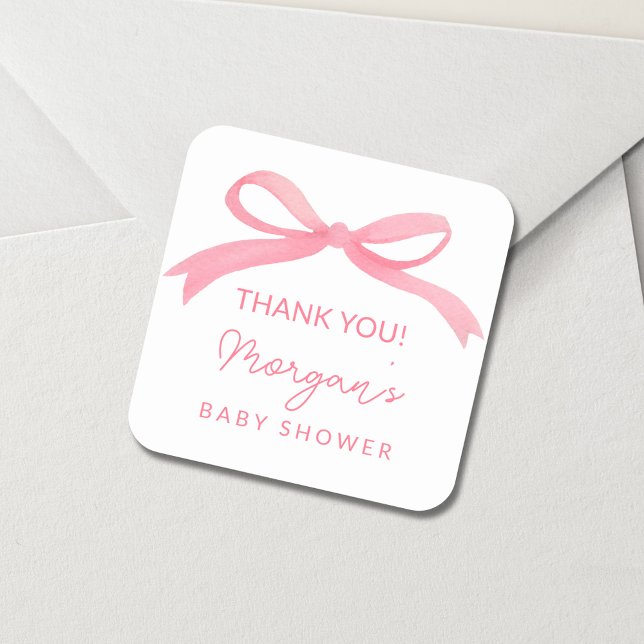 Blush Pink Bow Watercolor Baby Shower Square Sticker (Creator Uploaded)