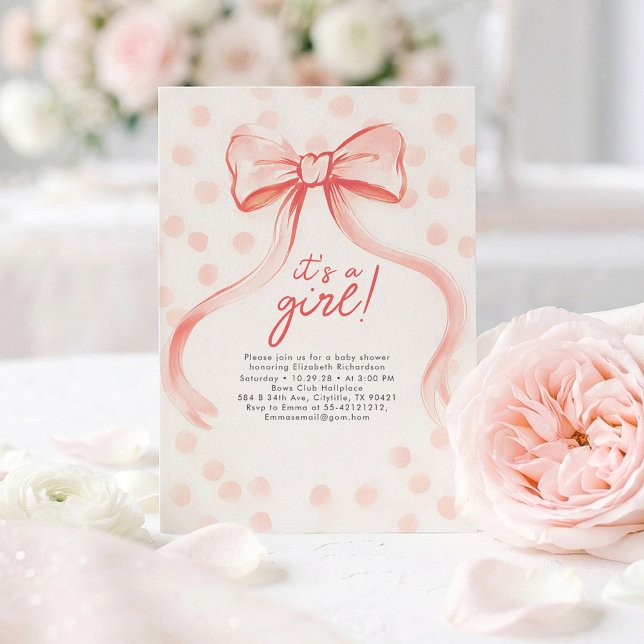 Blush Pink Bow Whimsical Minimalist Baby Shower Invitation (Blush Pink Bow and Polka Dots Minimalist Girl Baby Shower Invitations)