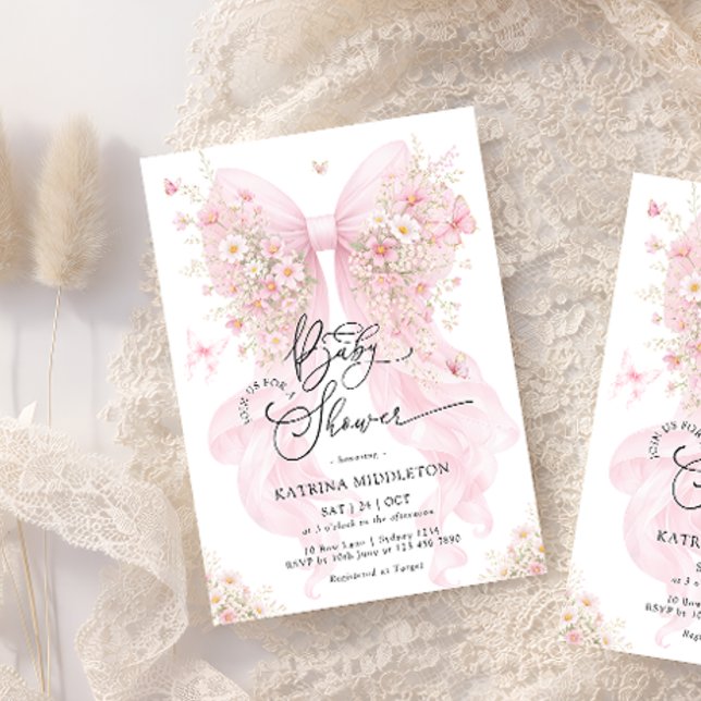 Blush Pink Bow Wildflower Butterfly Baby Shower Invitation (Creator Uploaded)